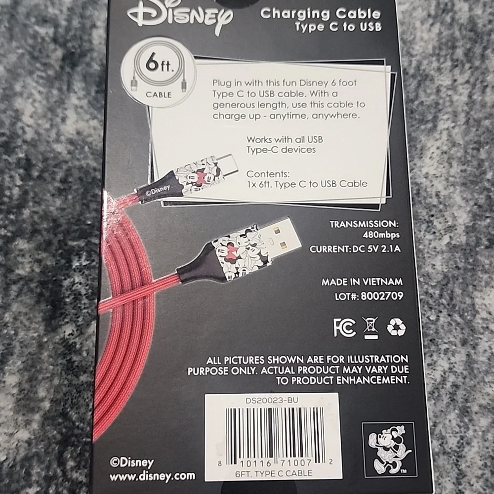 Disney Red Charging Cable with Mickey Design